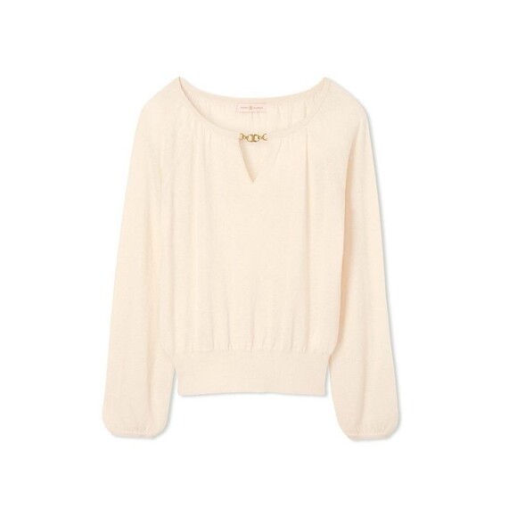 Tory Burch Gemini Size Small Link 100% Cashmere Cream Sweater $325 Logo - Picture 2 of 15